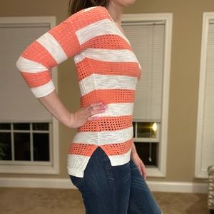 White and Coral Striped Waffle Cut Top